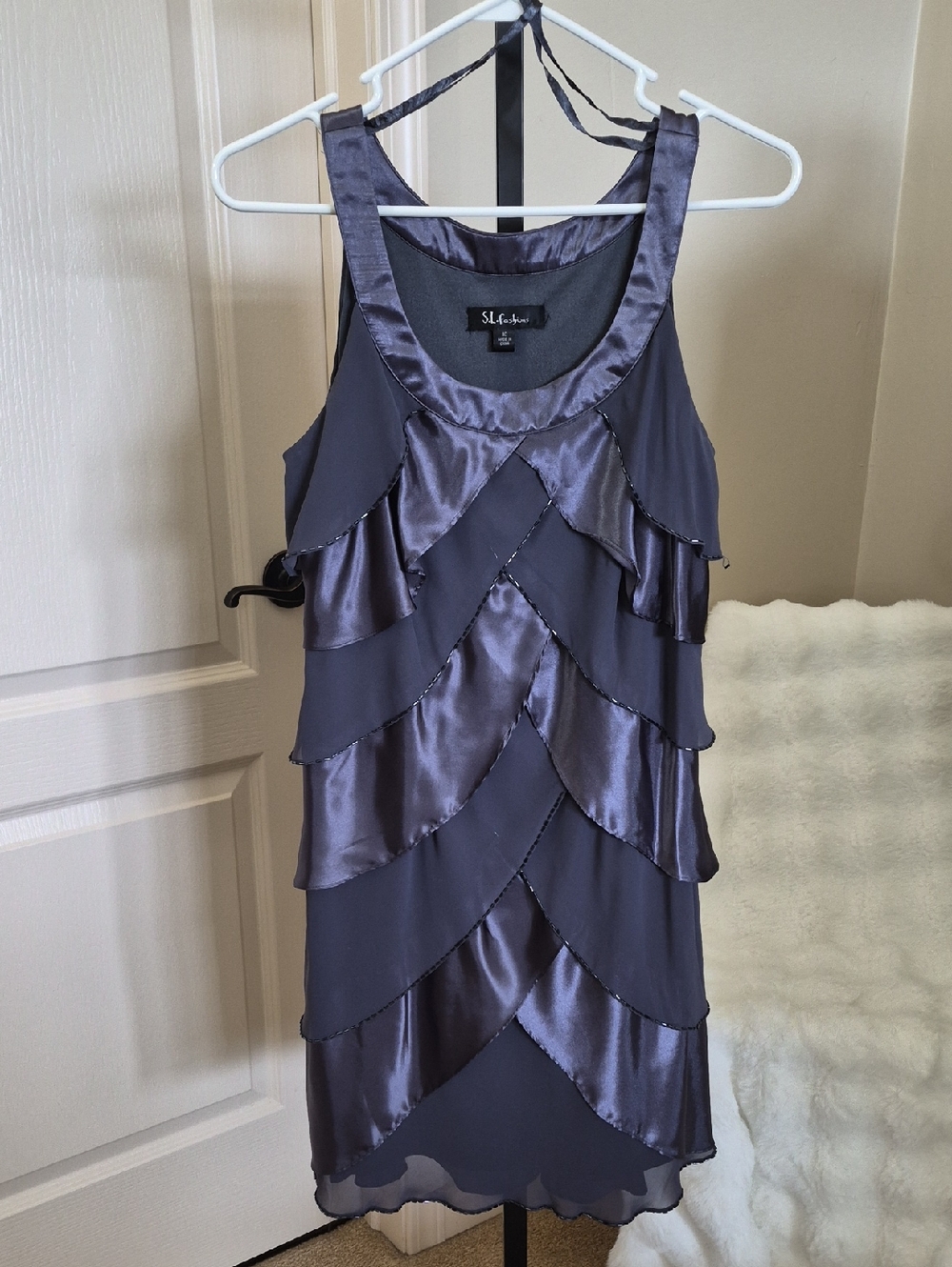 SL Fashions Gunmetal Satin and Sheer Trim Tiered Mini Dress Size 10